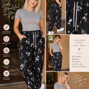 Black floral bon bon pants